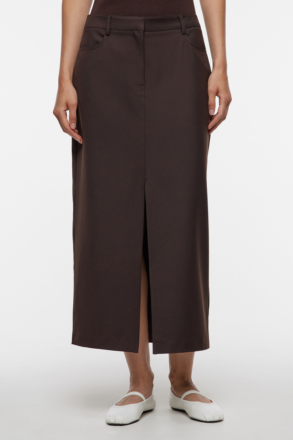 Юбка-карандаш миди прямая с разрезом спереди - цвет коричневый - 1