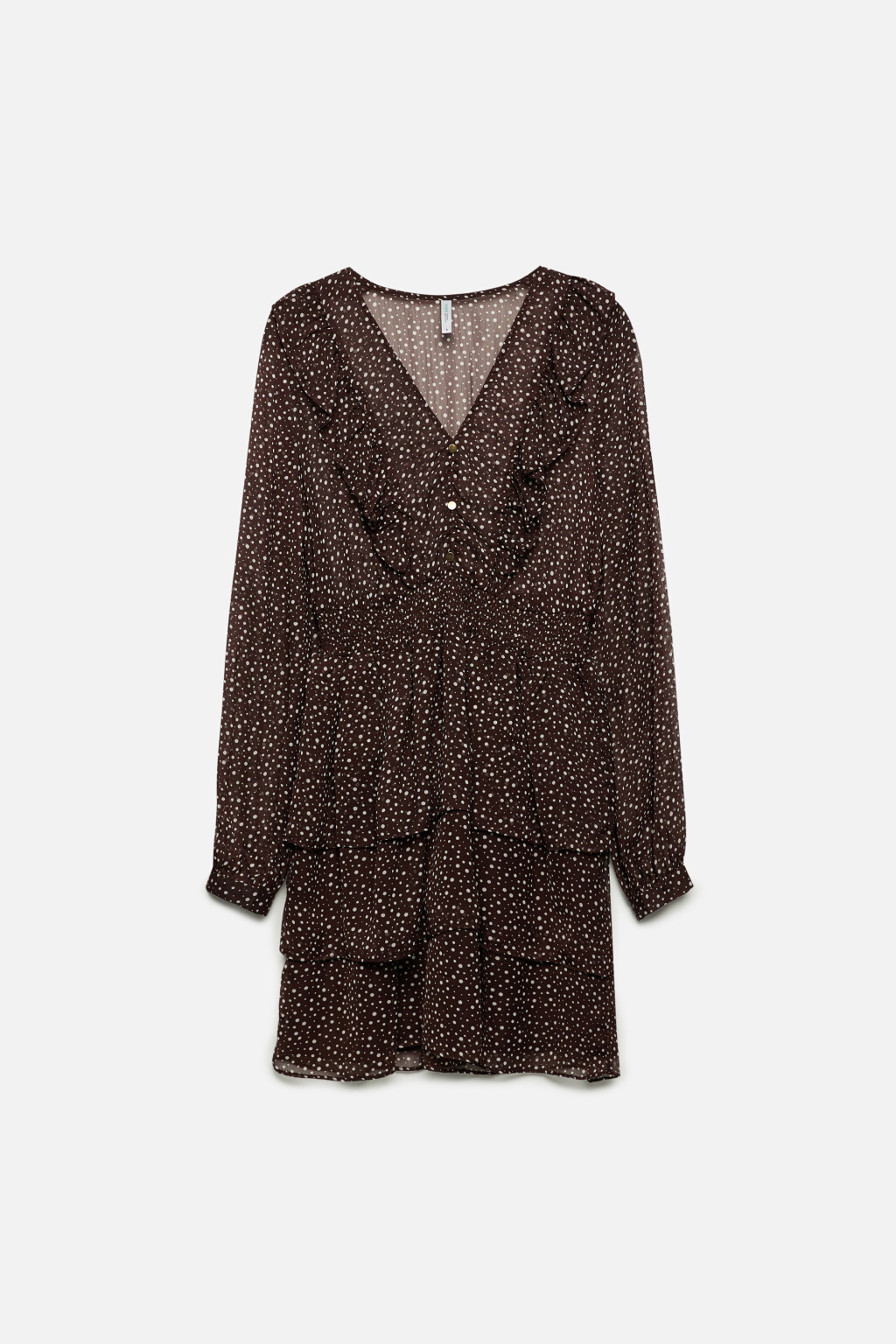 Платье мини шифоновое приталенное с воланом и оборками - цвет коричневый - 7