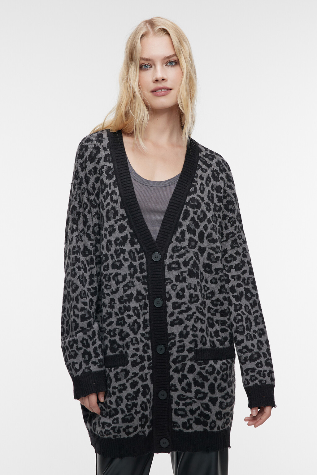 Кардиган oversize жаккардовый с леопардовым принтом - цвет серый - 3