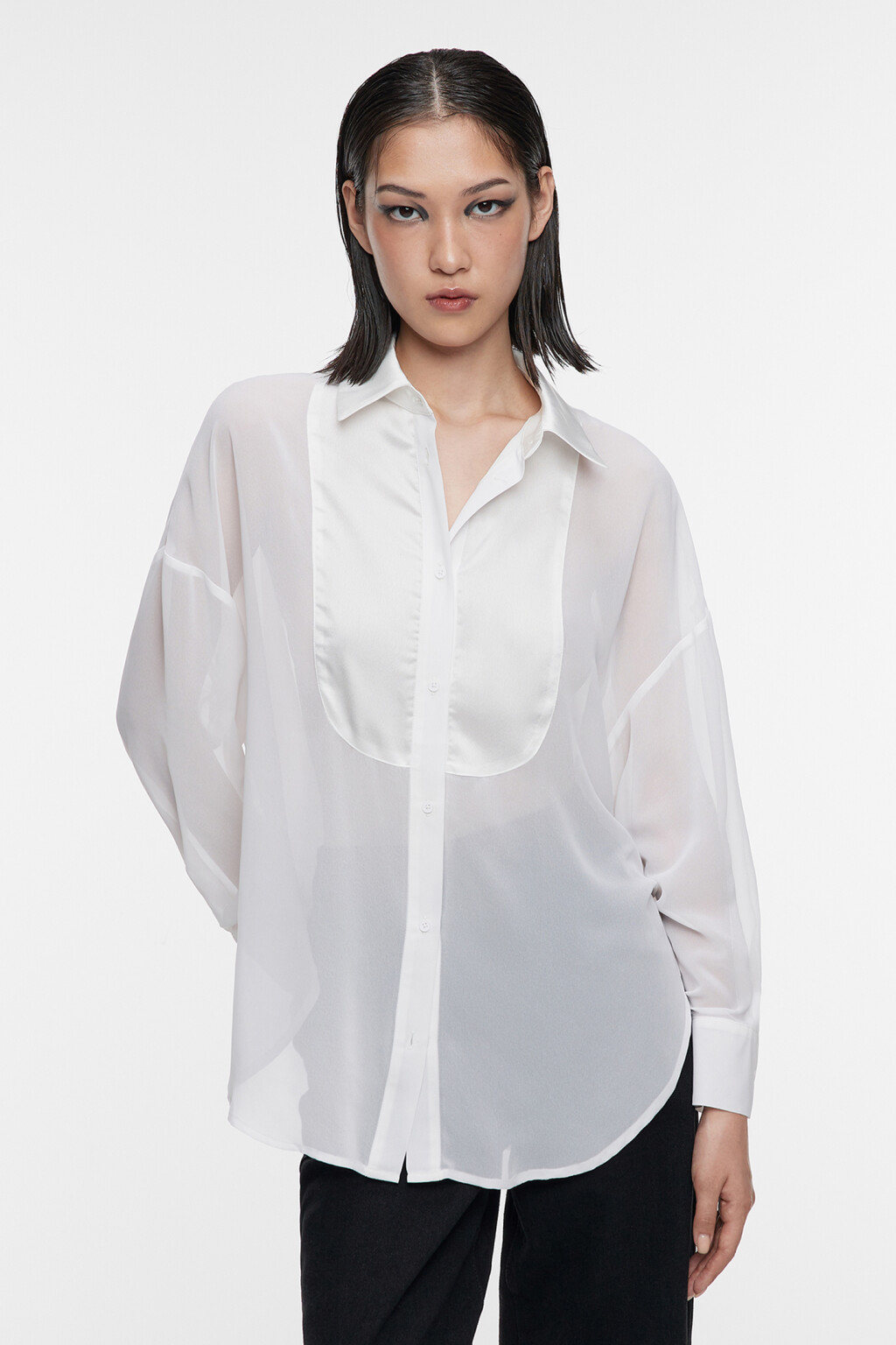 Блузка-рубашка oversize шифоновая прозрачная с манишкой - цвет белый - 3