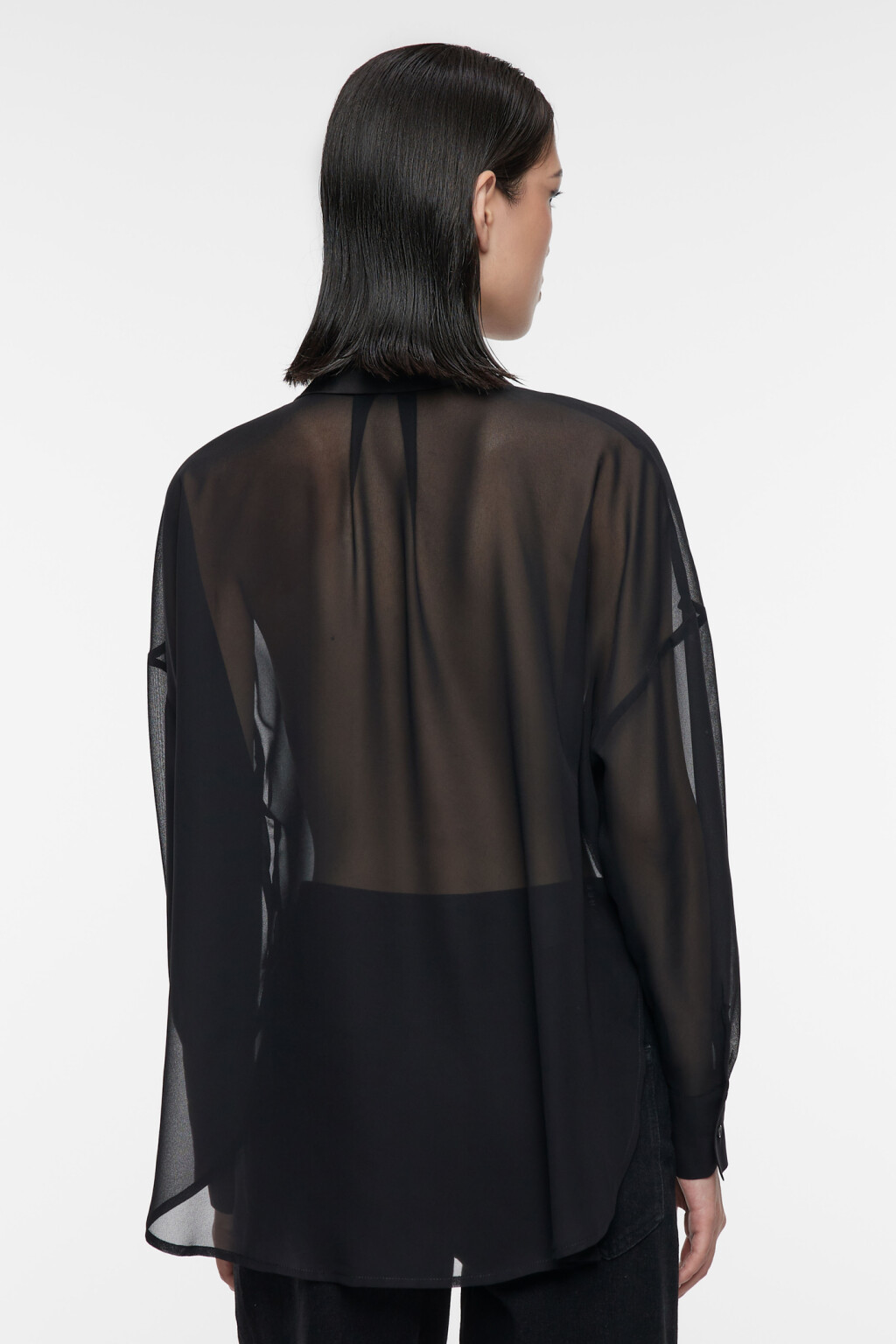 Блузка-рубашка oversize шифоновая прозрачная с манишкой - цвет черный - 3