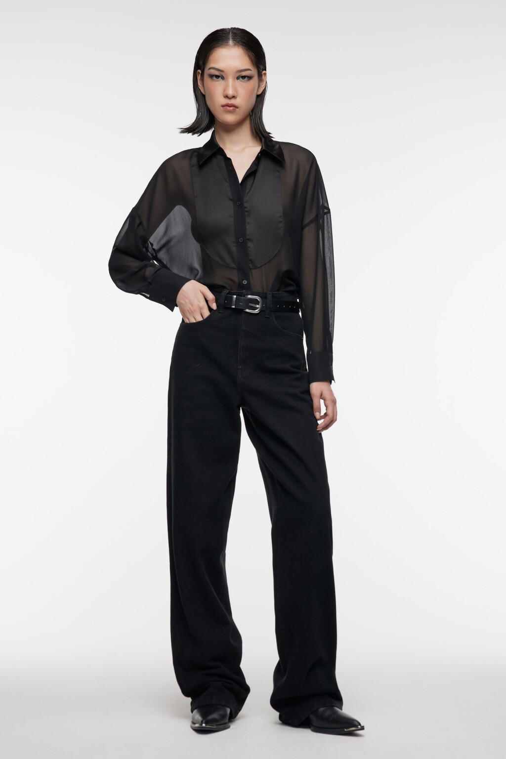 Блузка-рубашка oversize шифоновая прозрачная с манишкой - цвет черный - 4