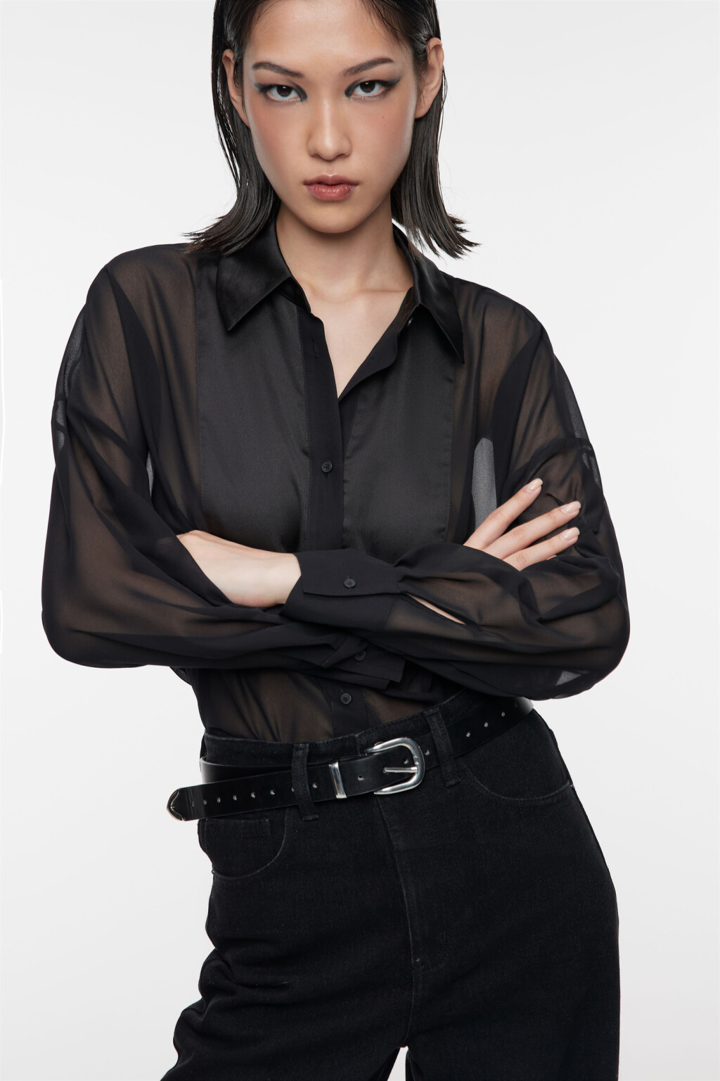 Блузка-рубашка oversize шифоновая прозрачная с манишкой - цвет черный - 7