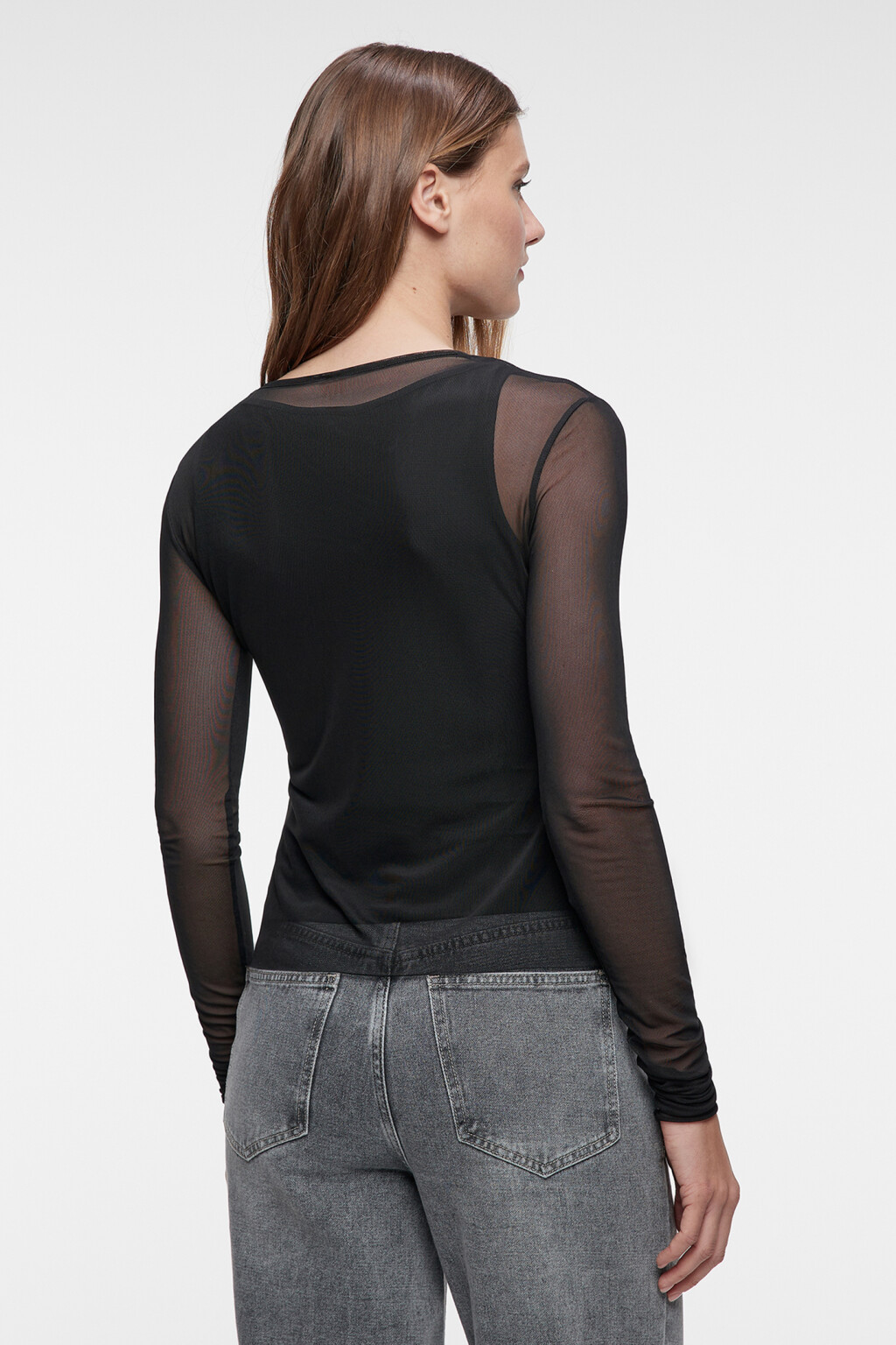 Лонгслив сетчатый приталенный с подкладкой-майкой - цвет черный - 3