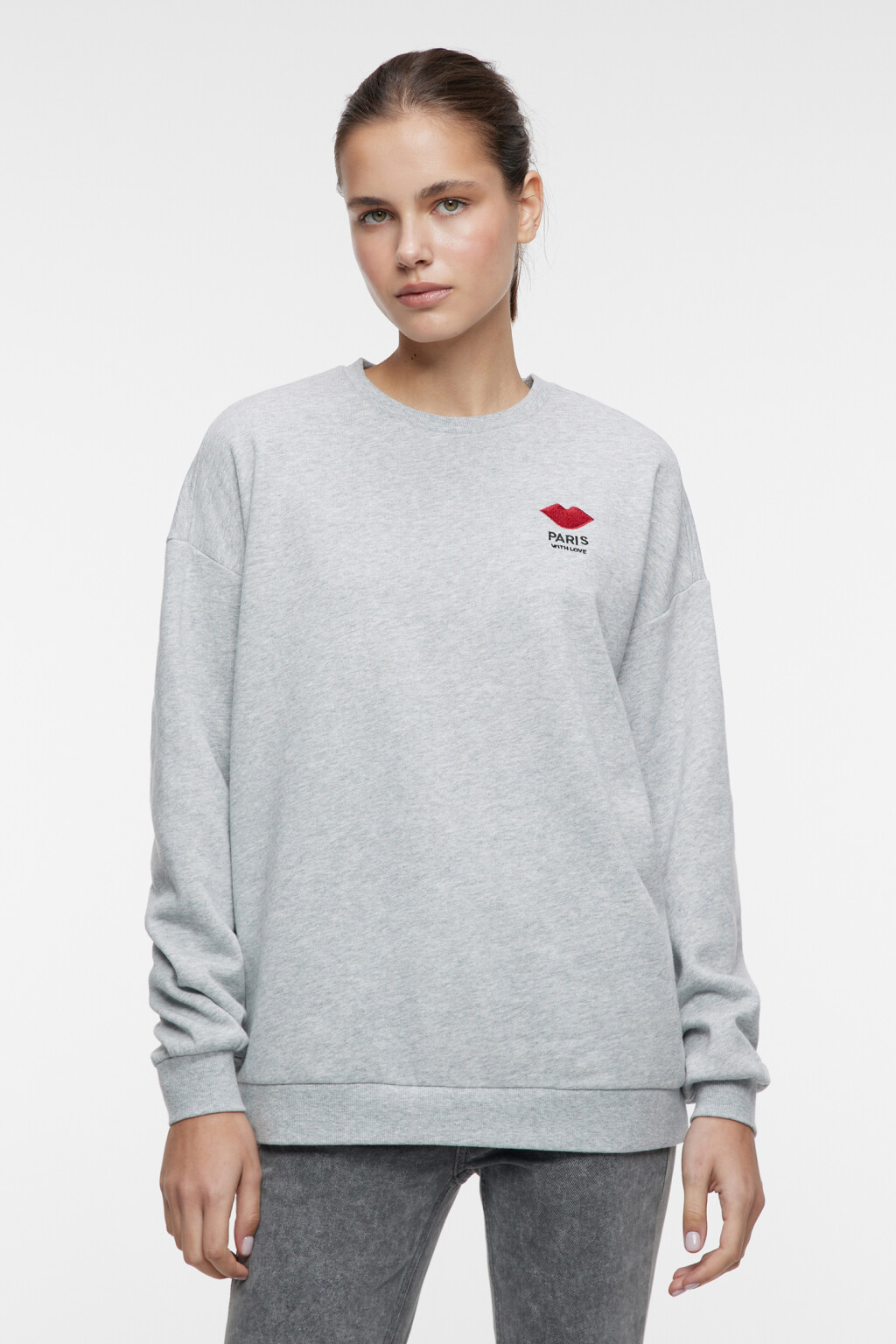 Свитшот oversize хлопковый утепленный с принтом и надписью - цвет серый - 2