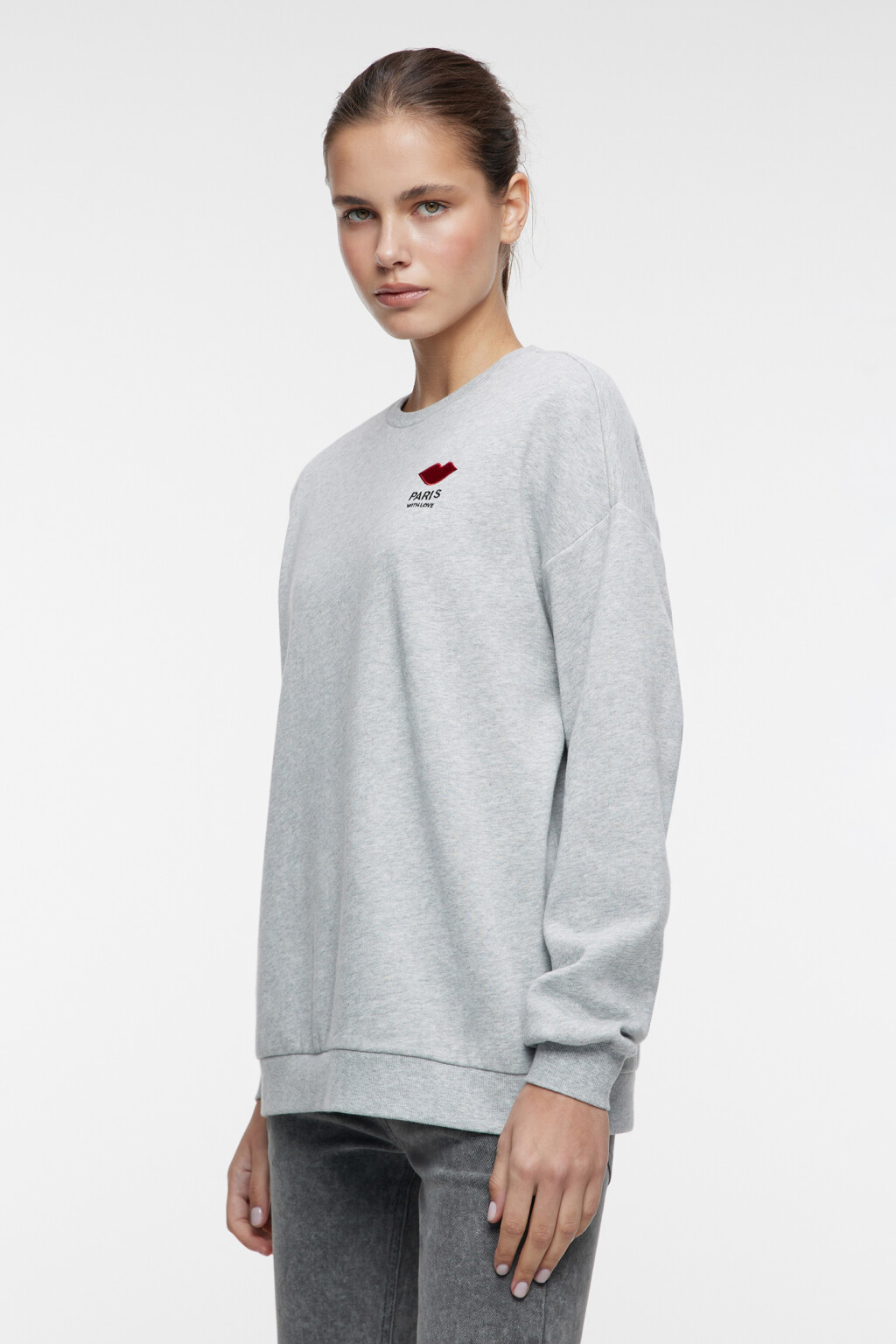 Свитшот oversize хлопковый утепленный с принтом и надписью - цвет серый - 3