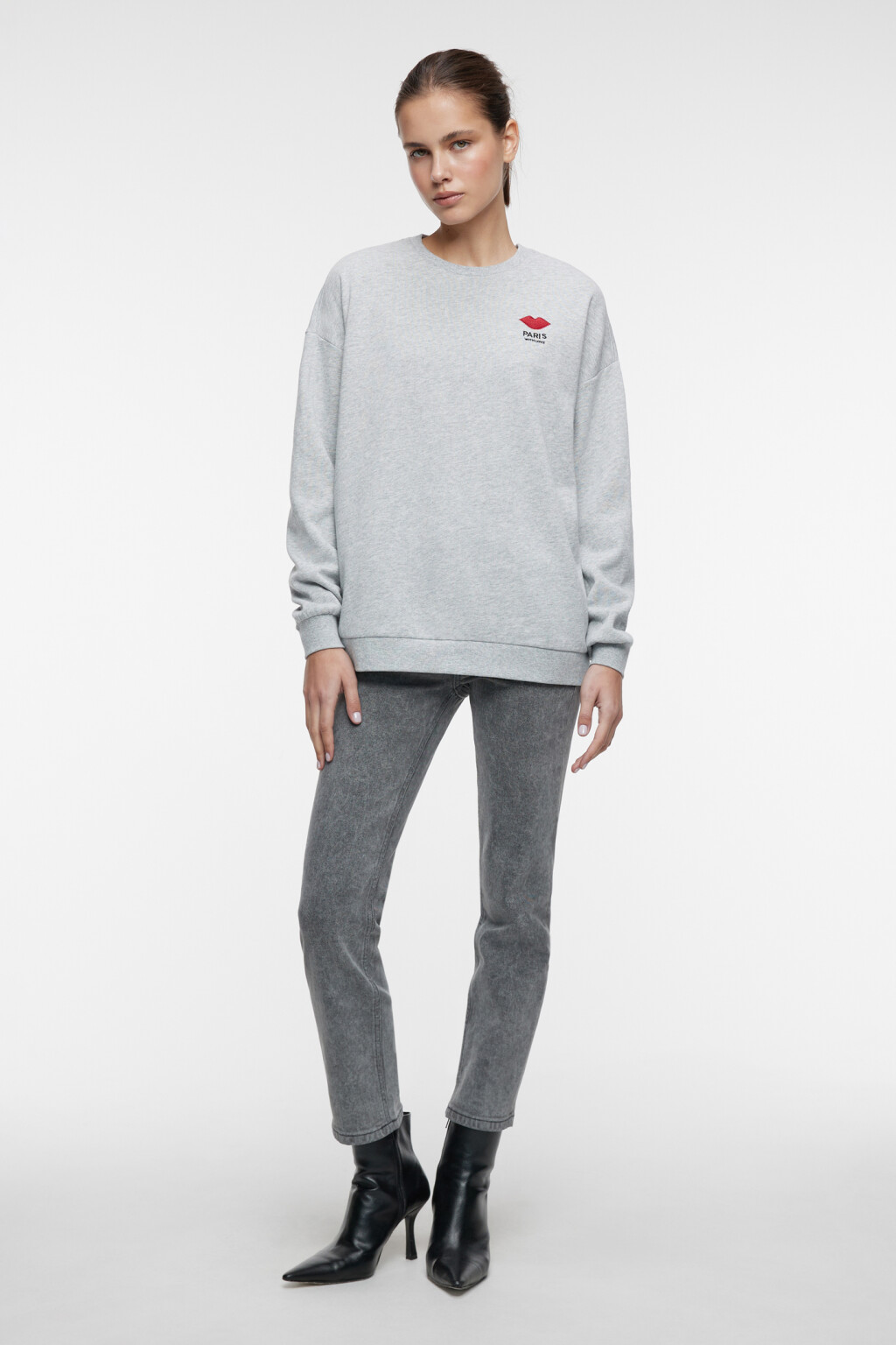 Свитшот oversize хлопковый утепленный с принтом и надписью - цвет серый - 1