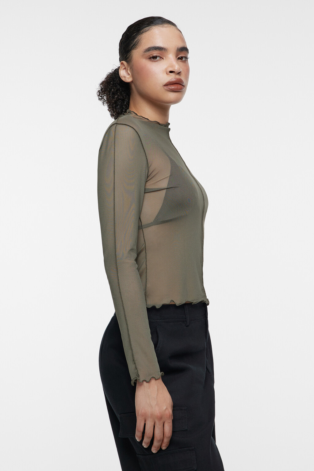 Лонгслив сетчатый облегающий с волнистыми краями - цвет зеленый - 3