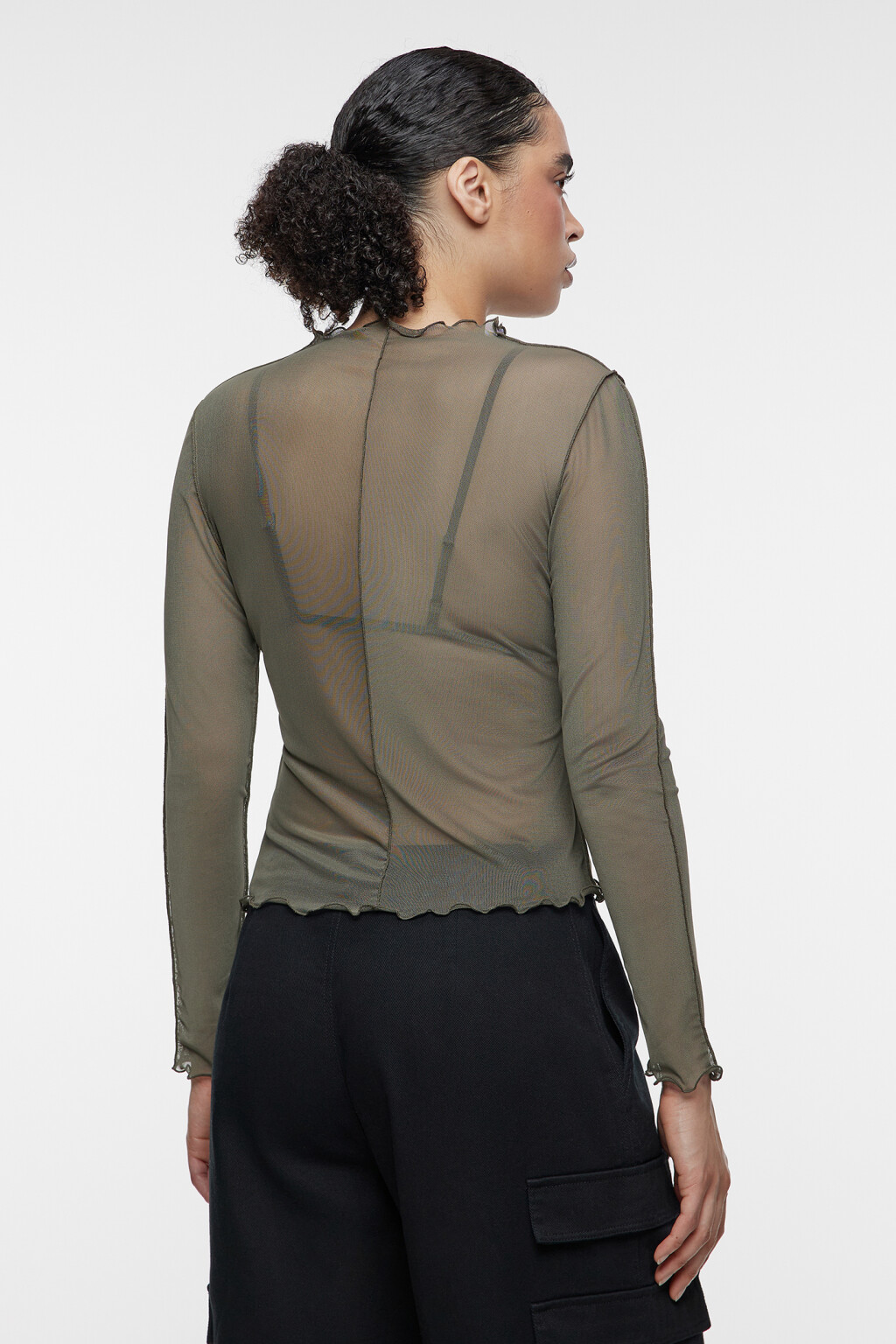 Лонгслив сетчатый облегающий с волнистыми краями - цвет зеленый - 4