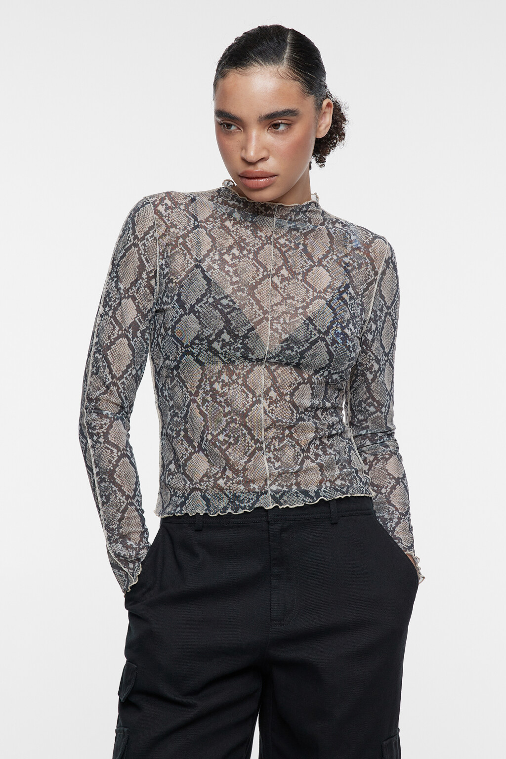 Лонгслив сетчатый облегающий с волнистыми краями - цвет бежевый - 3