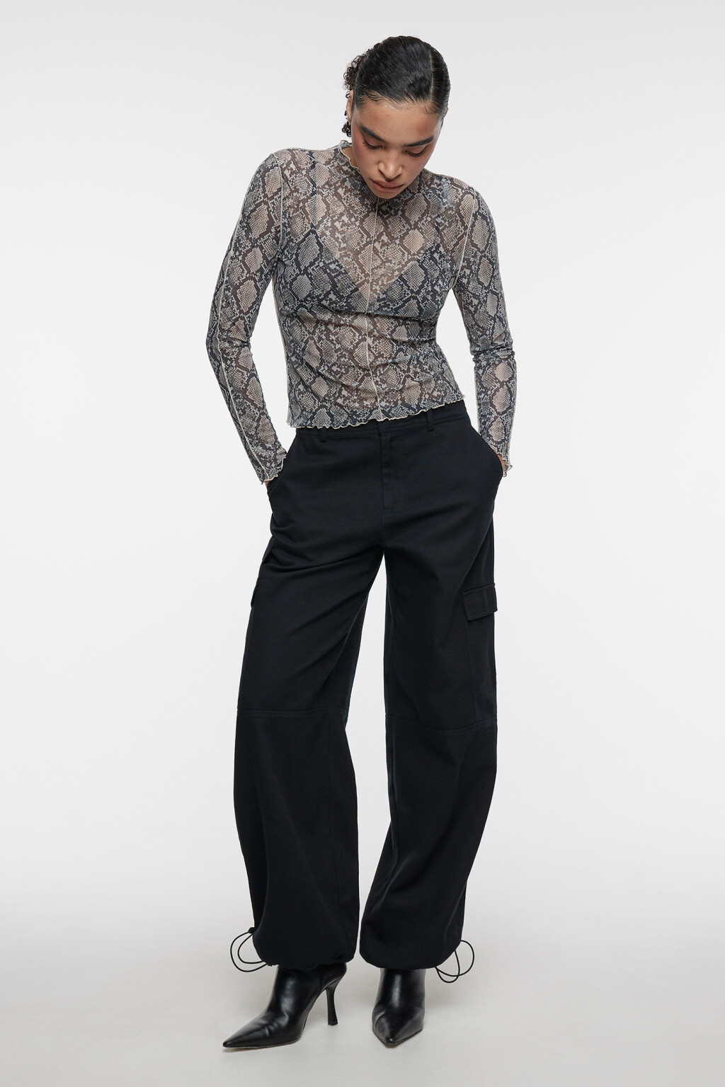 Лонгслив сетчатый облегающий с волнистыми краями - цвет бежевый - 1