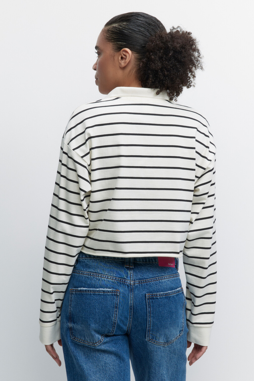 Лонгслив-поло хлопковый укороченный в полоску - цвет белый - 4