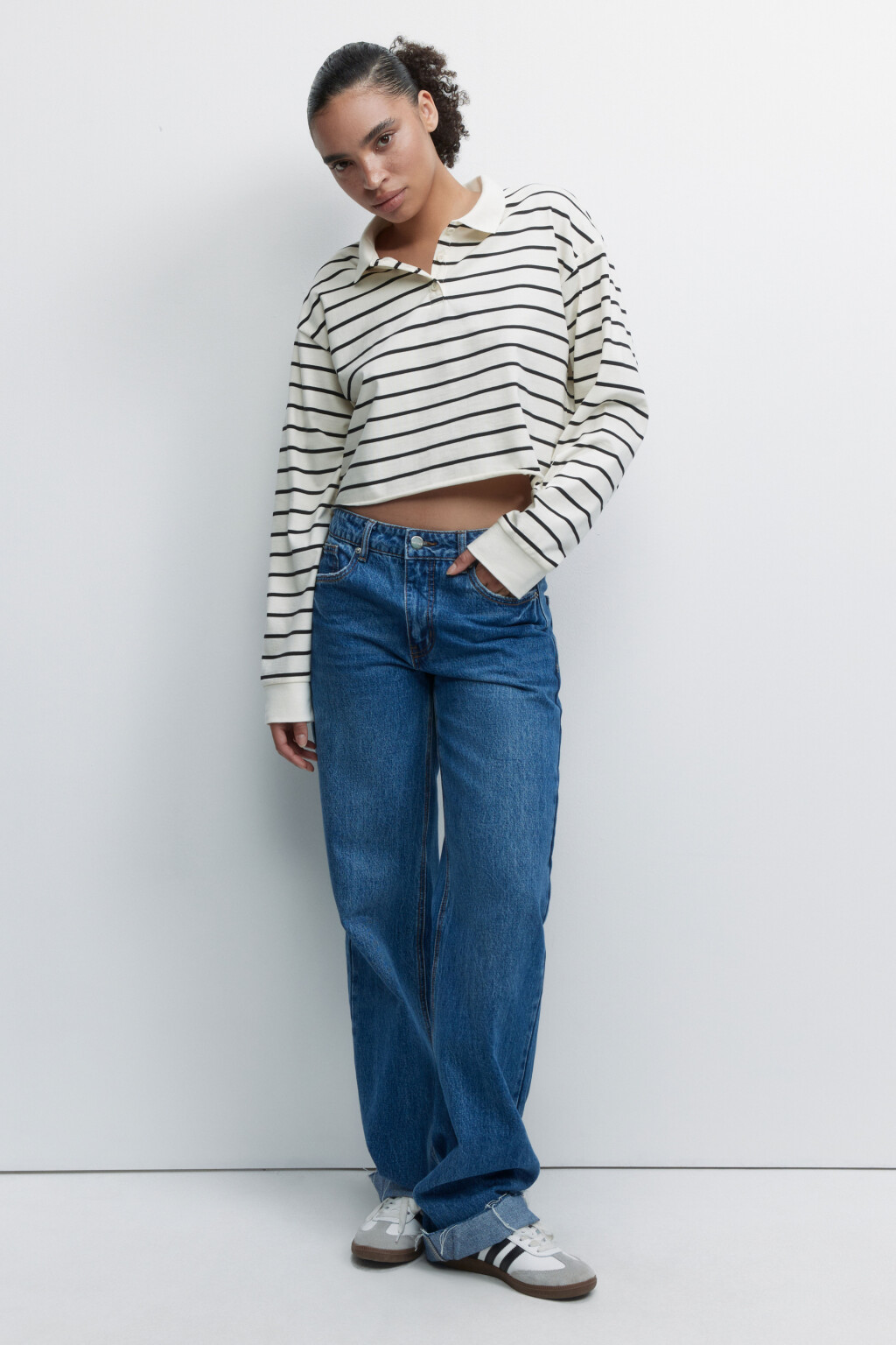 Лонгслив-поло хлопковый укороченный в полоску - цвет белый - 1