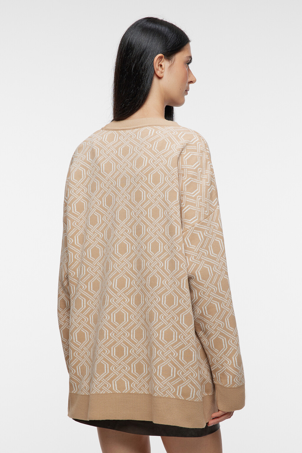 Кардиган oversize жаккардовый с геометрическим принтом - цвет бежевый - 3
