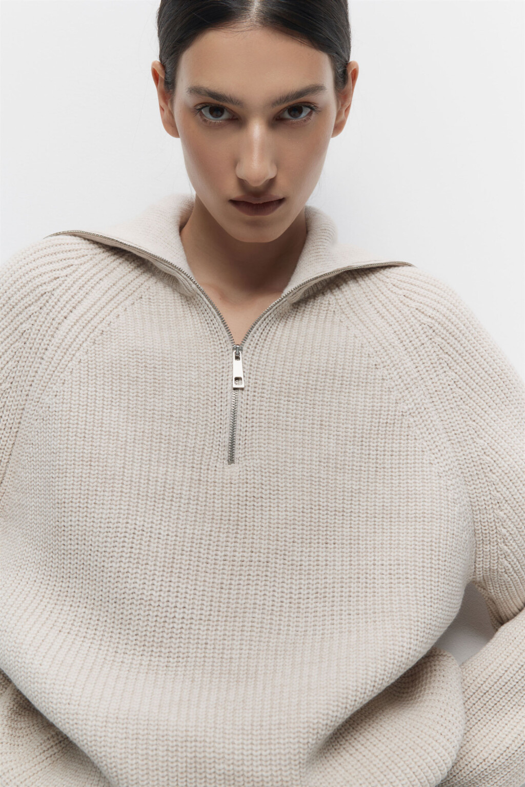 Свитер oversize с отложным воротником на молнии - цвет бежевый - 1