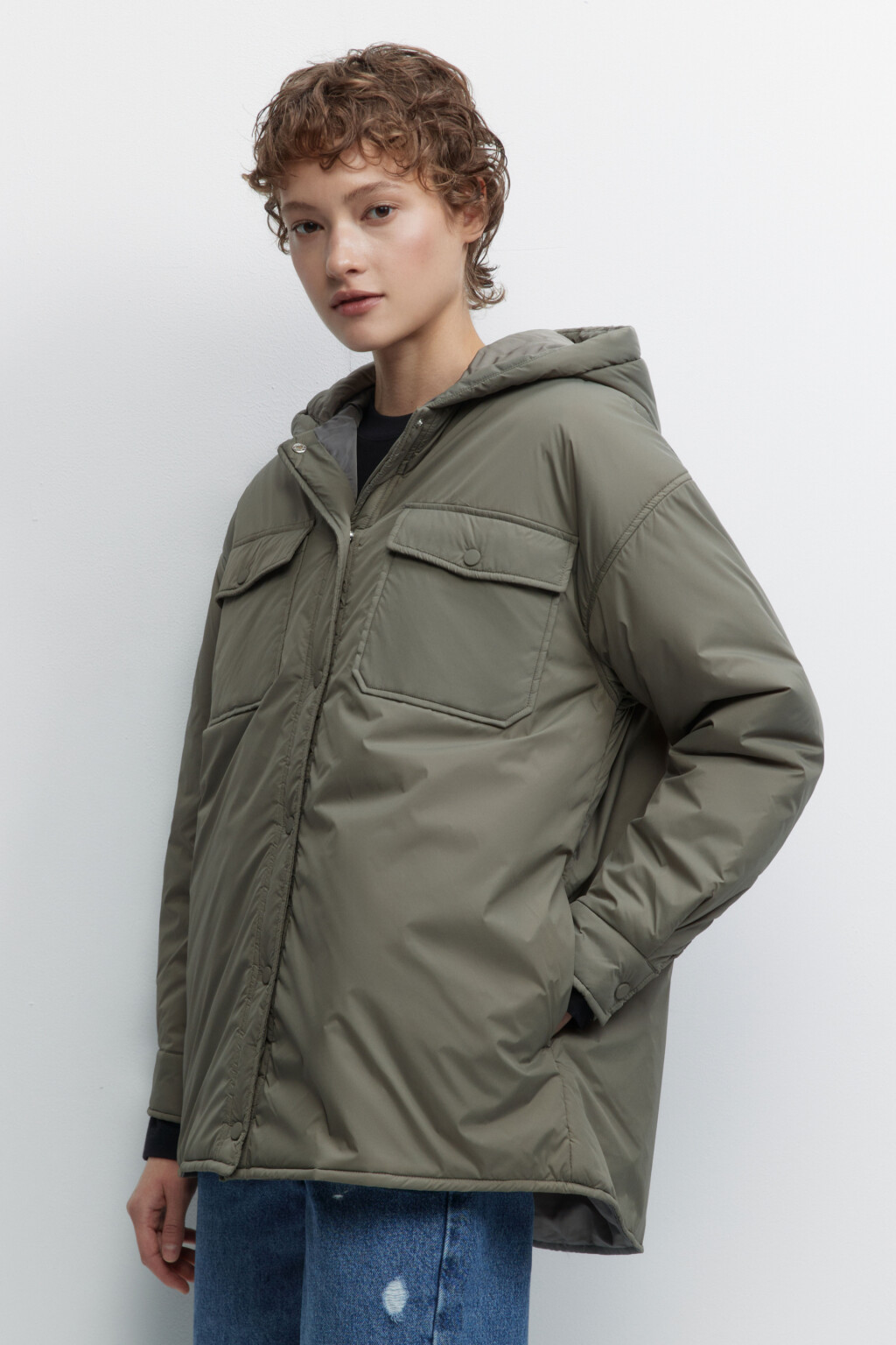 Куртка-рубашка oversize с капюшоном и карманами - цвет зеленый - 3