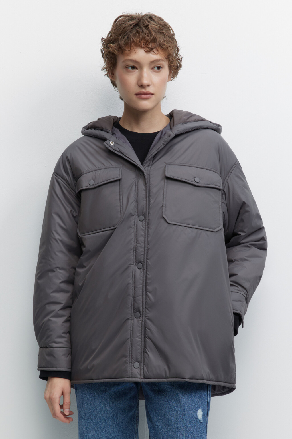 Куртка-рубашка oversize с капюшоном и карманами - цвет серый - 1