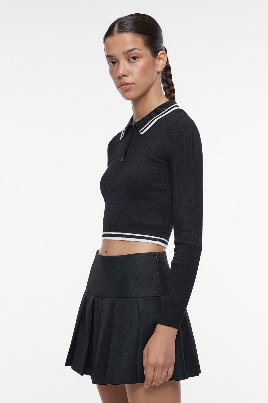 Лонгслив-поло вискозный облегающий в рубчик - цвет черный - 3