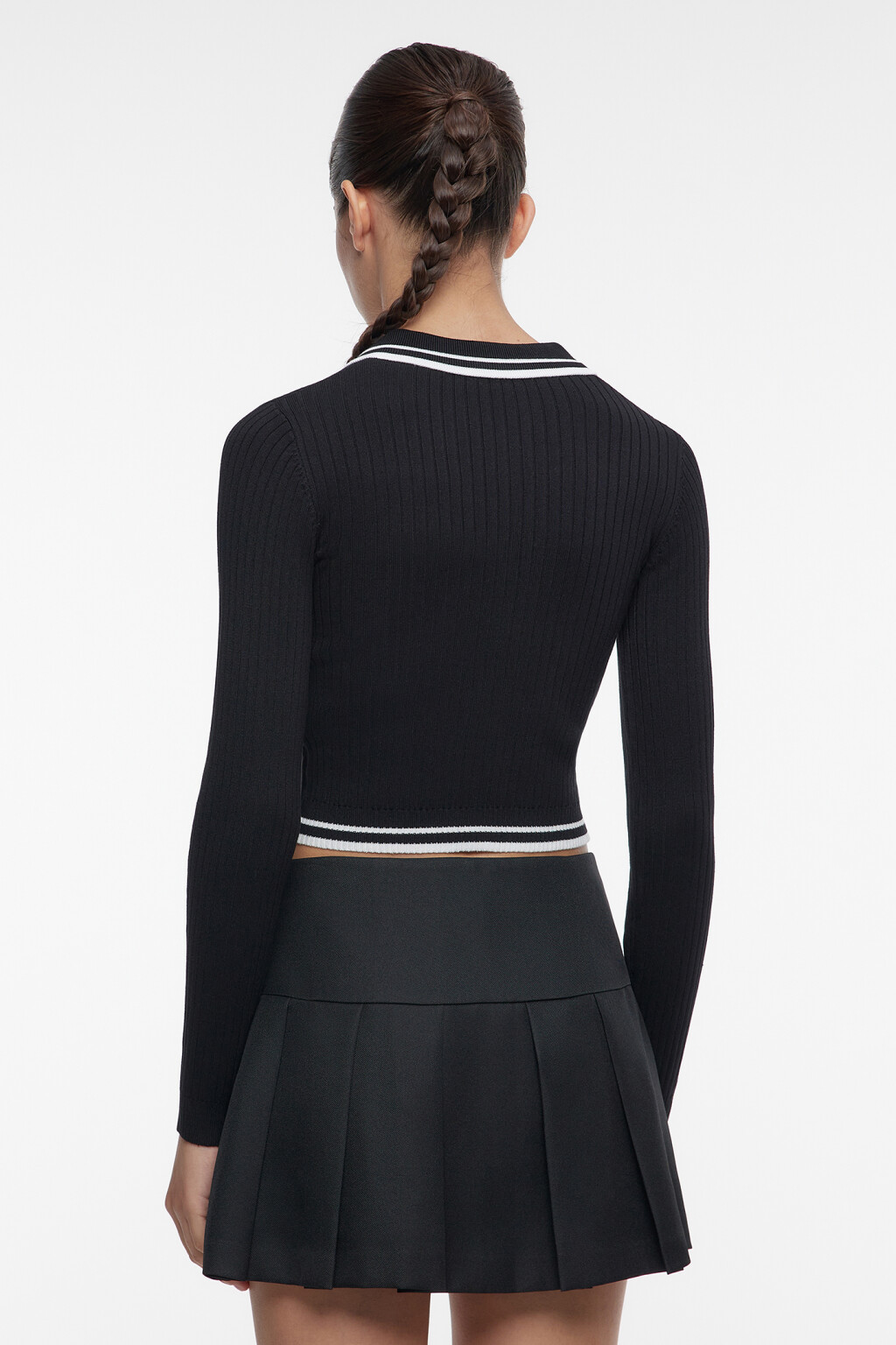 Лонгслив-поло вискозный облегающий в рубчик - цвет черный - 4