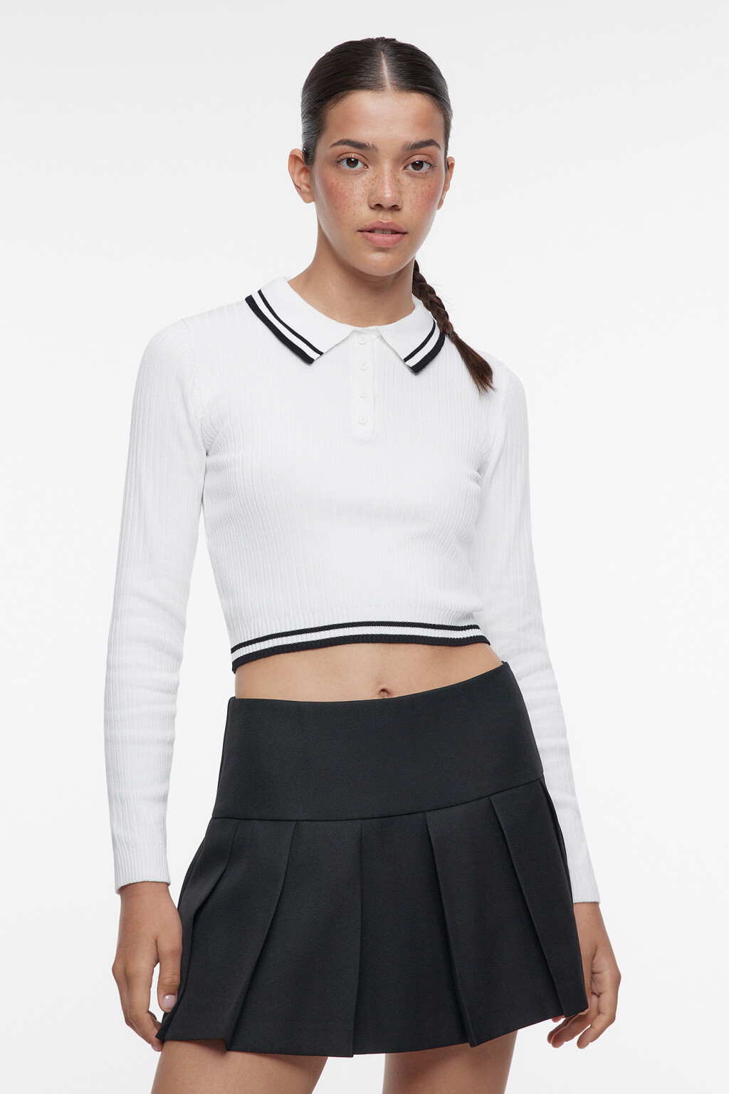 Лонгслив-поло вискозный облегающий в рубчик - цвет молочный - 1