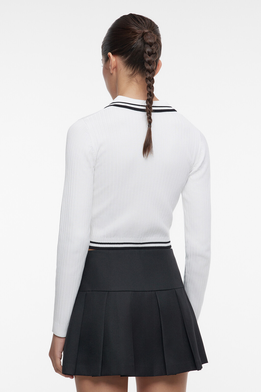 Лонгслив-поло вискозный облегающий в рубчик - цвет молочный - 3