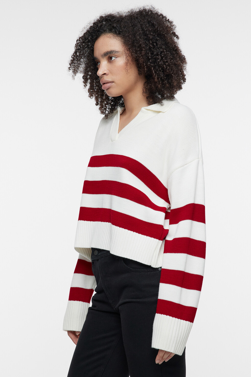 Джемпер-поло вязаный свободный с принтом в полоску - цвет красный - 2