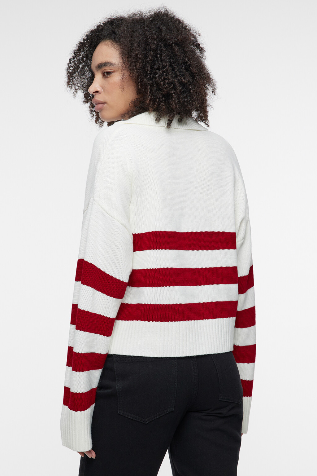 Джемпер-поло вязаный свободный с принтом в полоску - цвет красный - 3