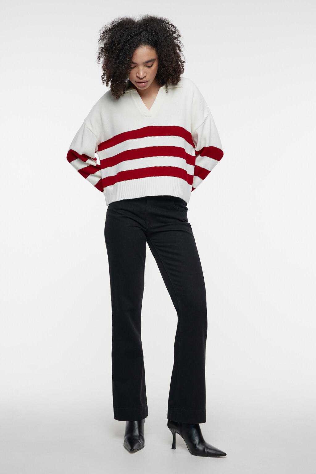 Джемпер-поло вязаный свободный с принтом в полоску - цвет красный - 4