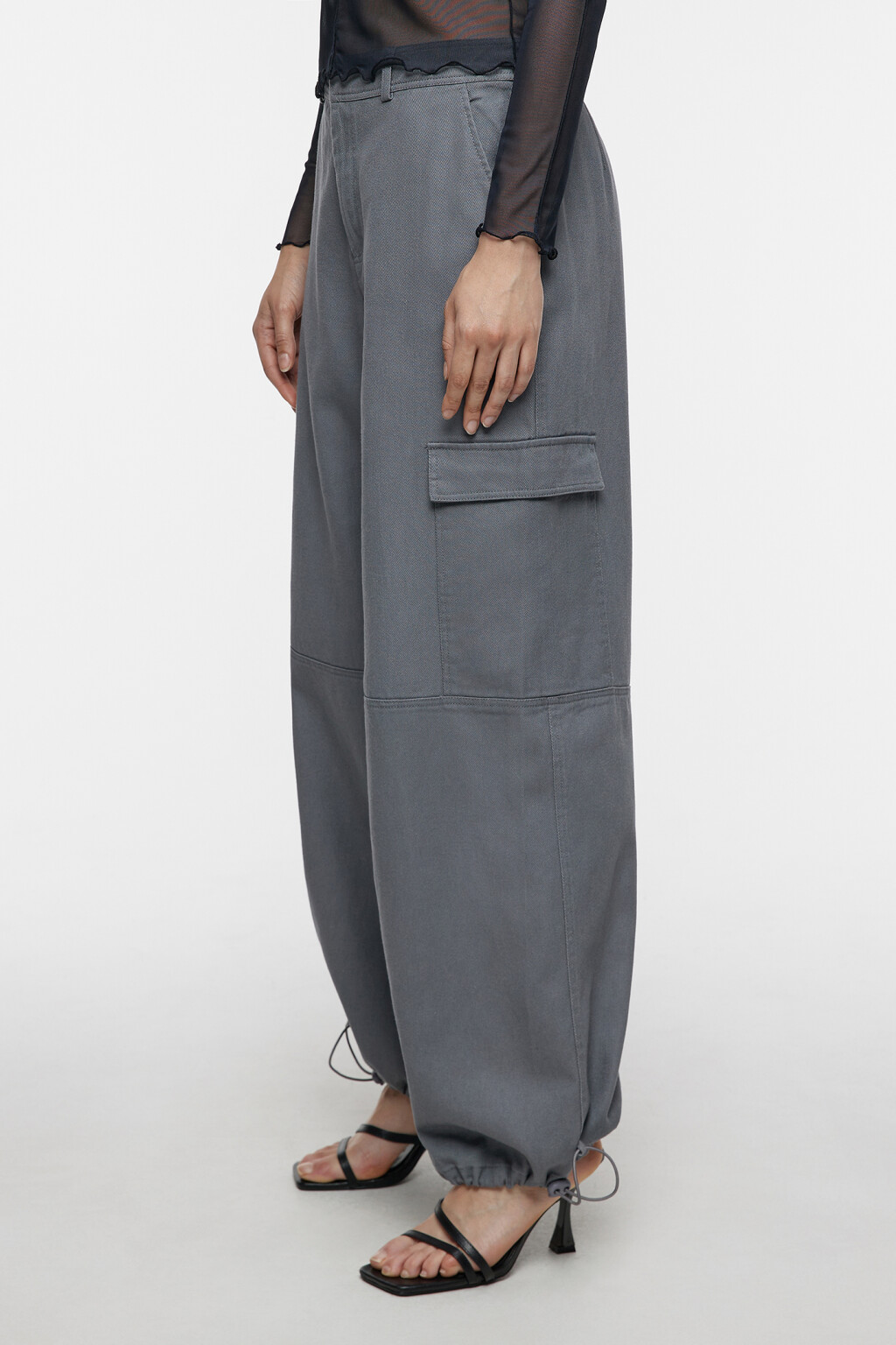 Брюки-парашюты широкие хлопковые с карманами карго - цвет серый - 3