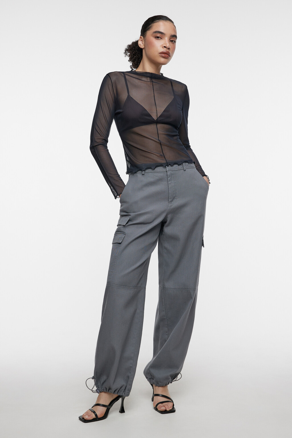 Брюки-парашюты широкие хлопковые с карманами карго - цвет серый - 1