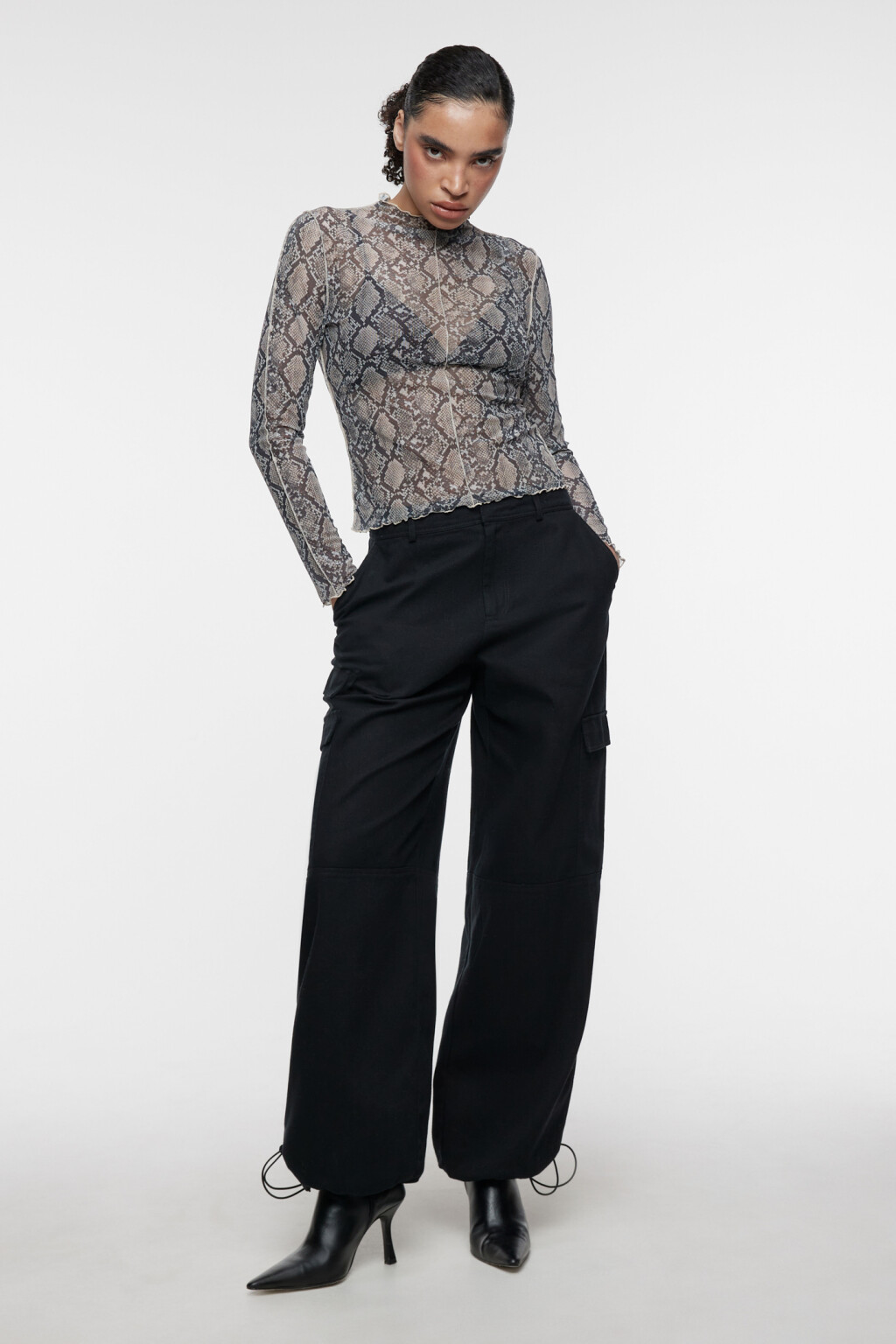 Брюки-парашюты широкие хлопковые с карманами карго - цвет черный - 4