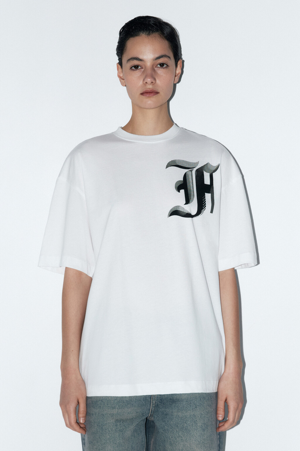 Футболка oversize хлопковая с принтом на груди - цвет белый - 2