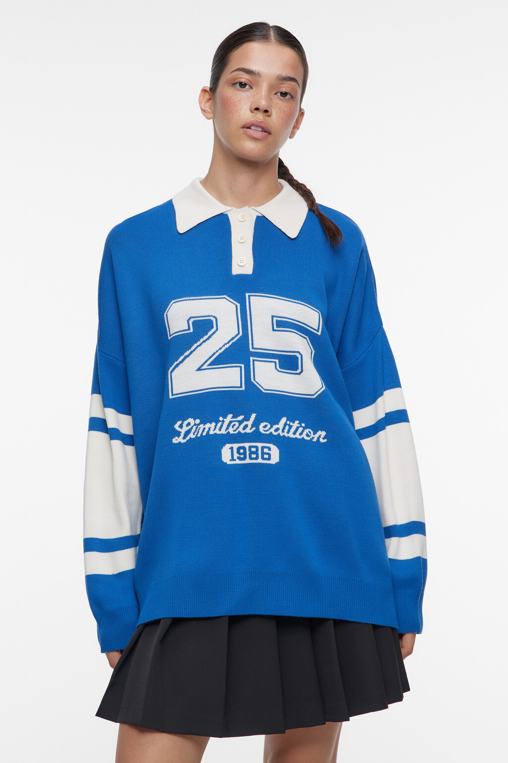 Джемпер oversize вязаный с воротником-поло и принтом - цвет синий - 3