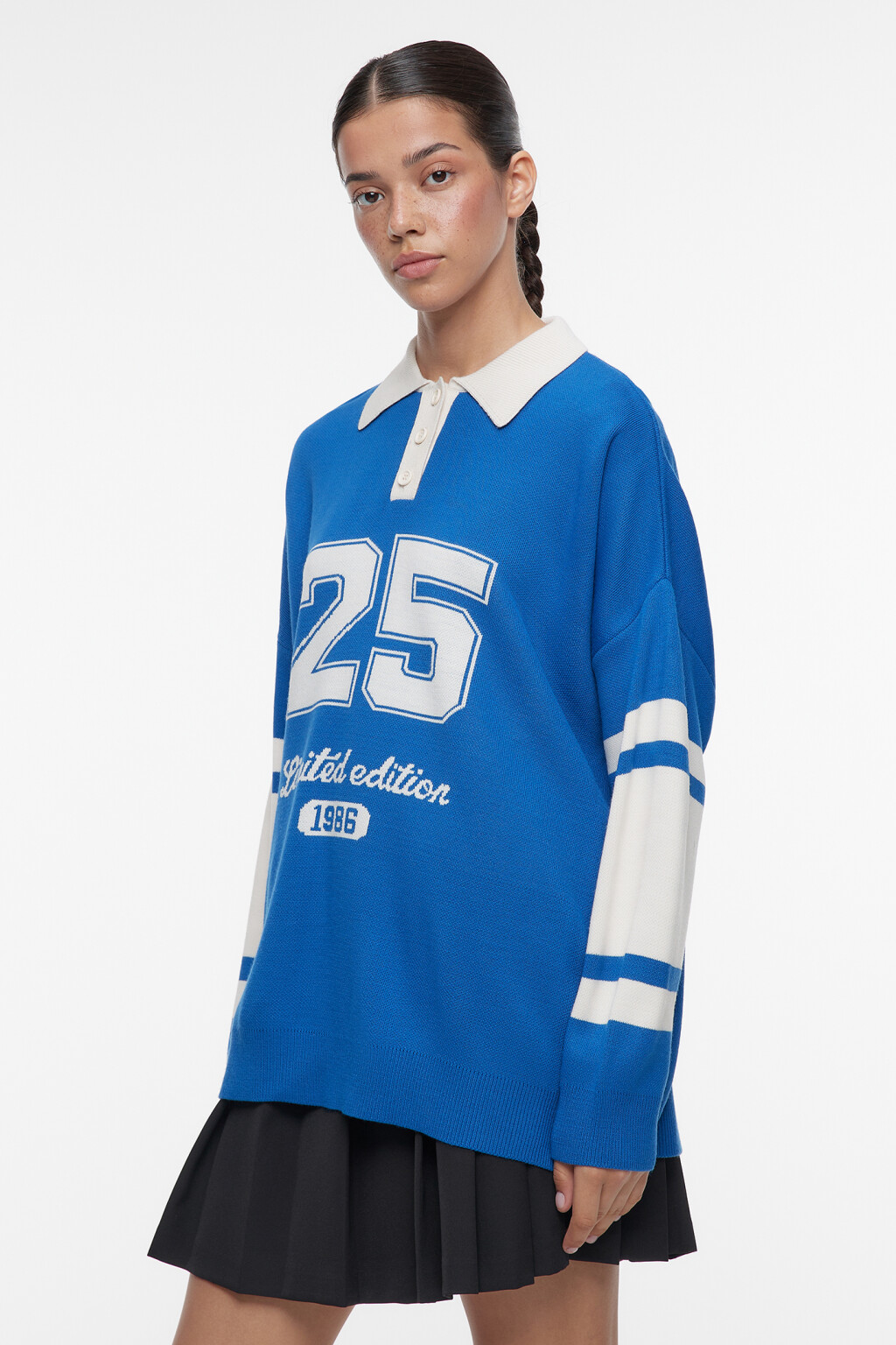 Джемпер oversize вязаный с воротником-поло и принтом - цвет синий - 4