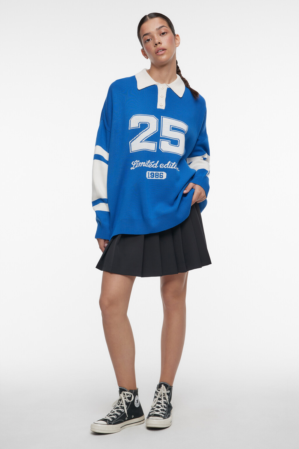 Джемпер oversize вязаный с воротником-поло и принтом - цвет синий - 1