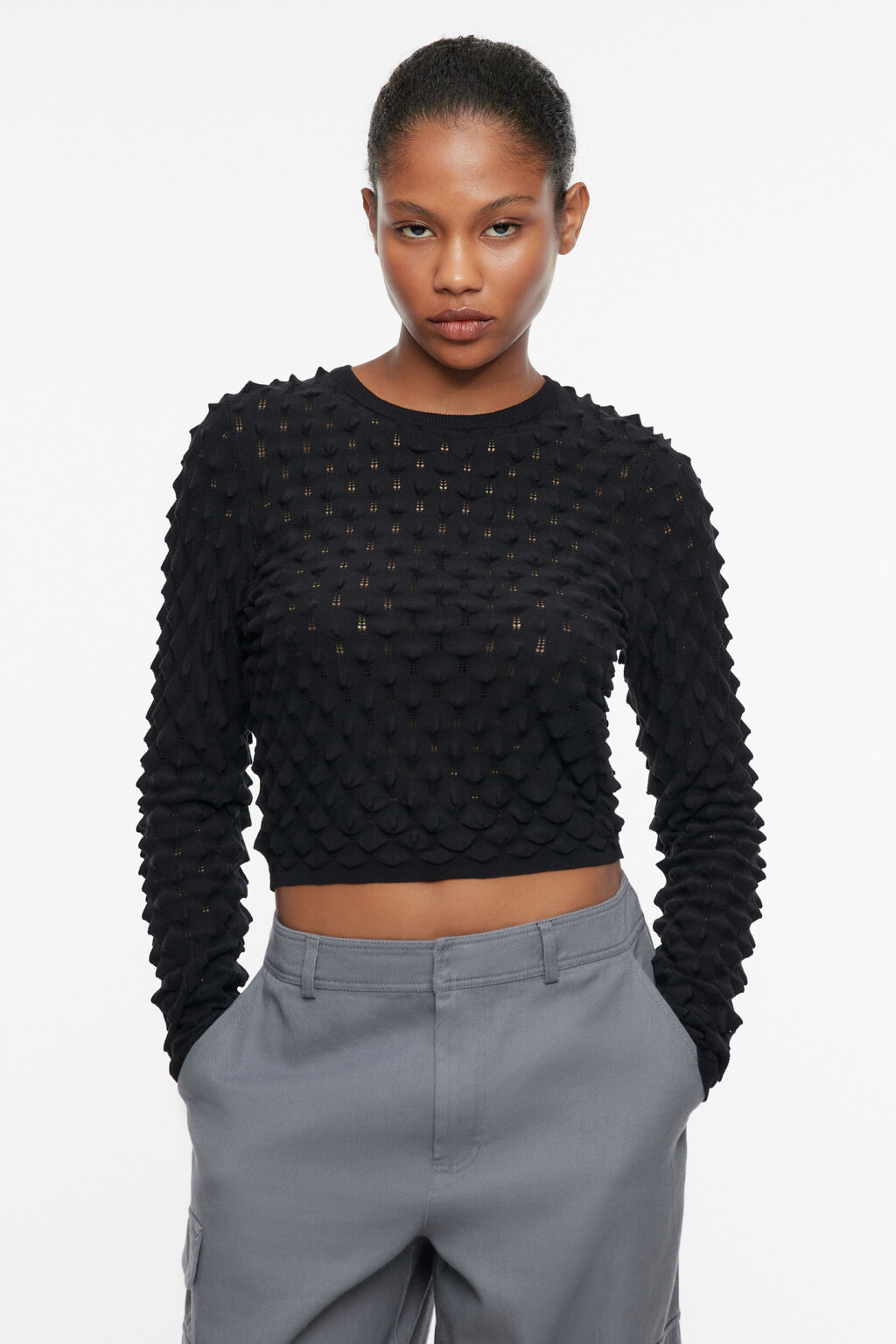Джемпер вискозный облегающий с объемным узором - цвет черный - 1