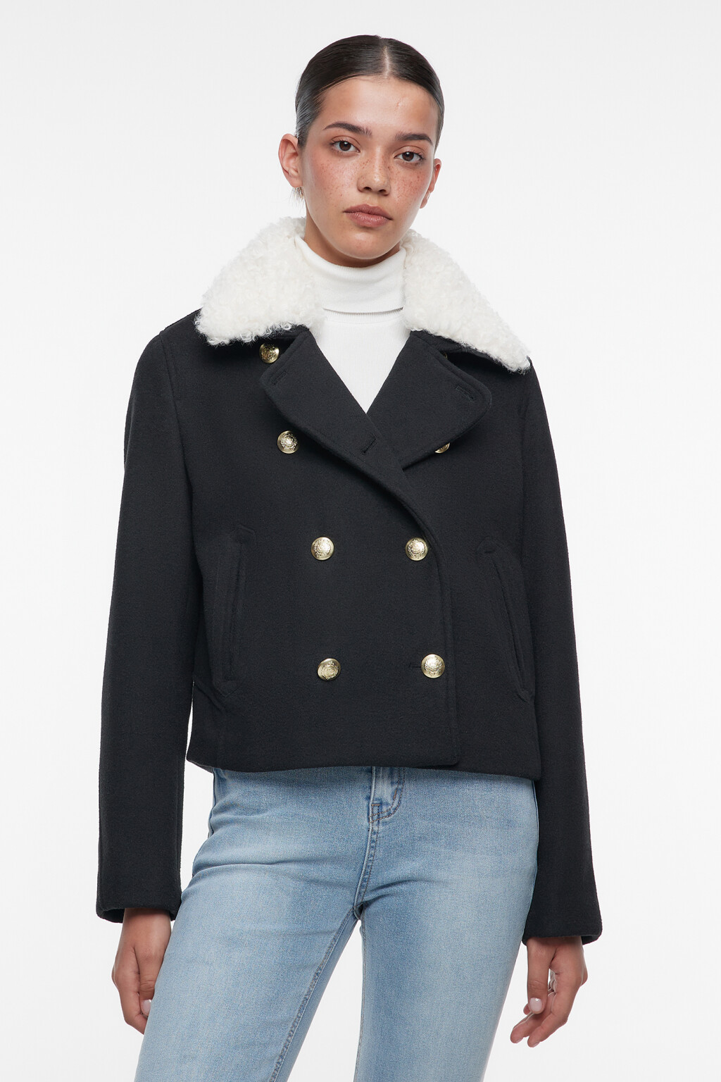 Полупальто короткое шерстяное с воротником - цвет черный - 2