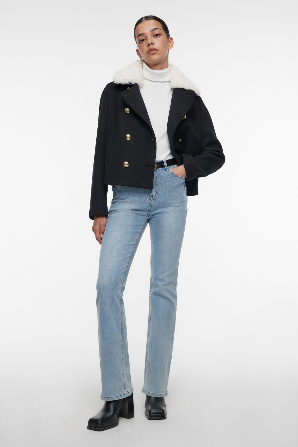 Полупальто короткое шерстяное с воротником - цвет черный - 1