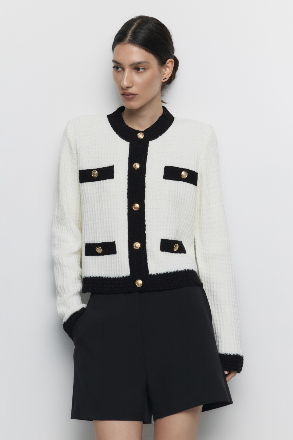 Кардиган-жакет на пуговицах вязаный в клетку - цвет бежевый - 1