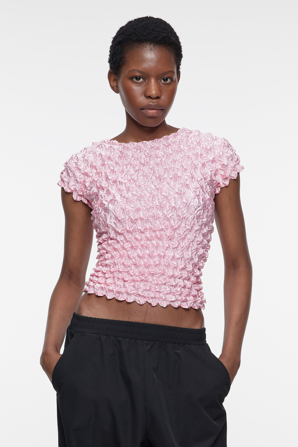 Топ-футболка объемный блестящий из эластичной ткани - цвет розовый - 2