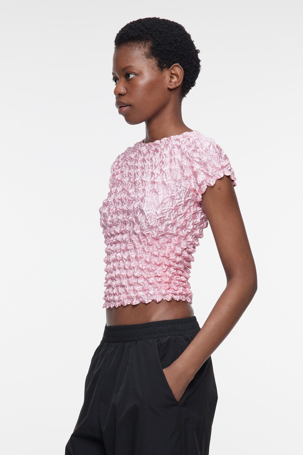 Топ-футболка объемный блестящий из эластичной ткани - цвет розовый - 3