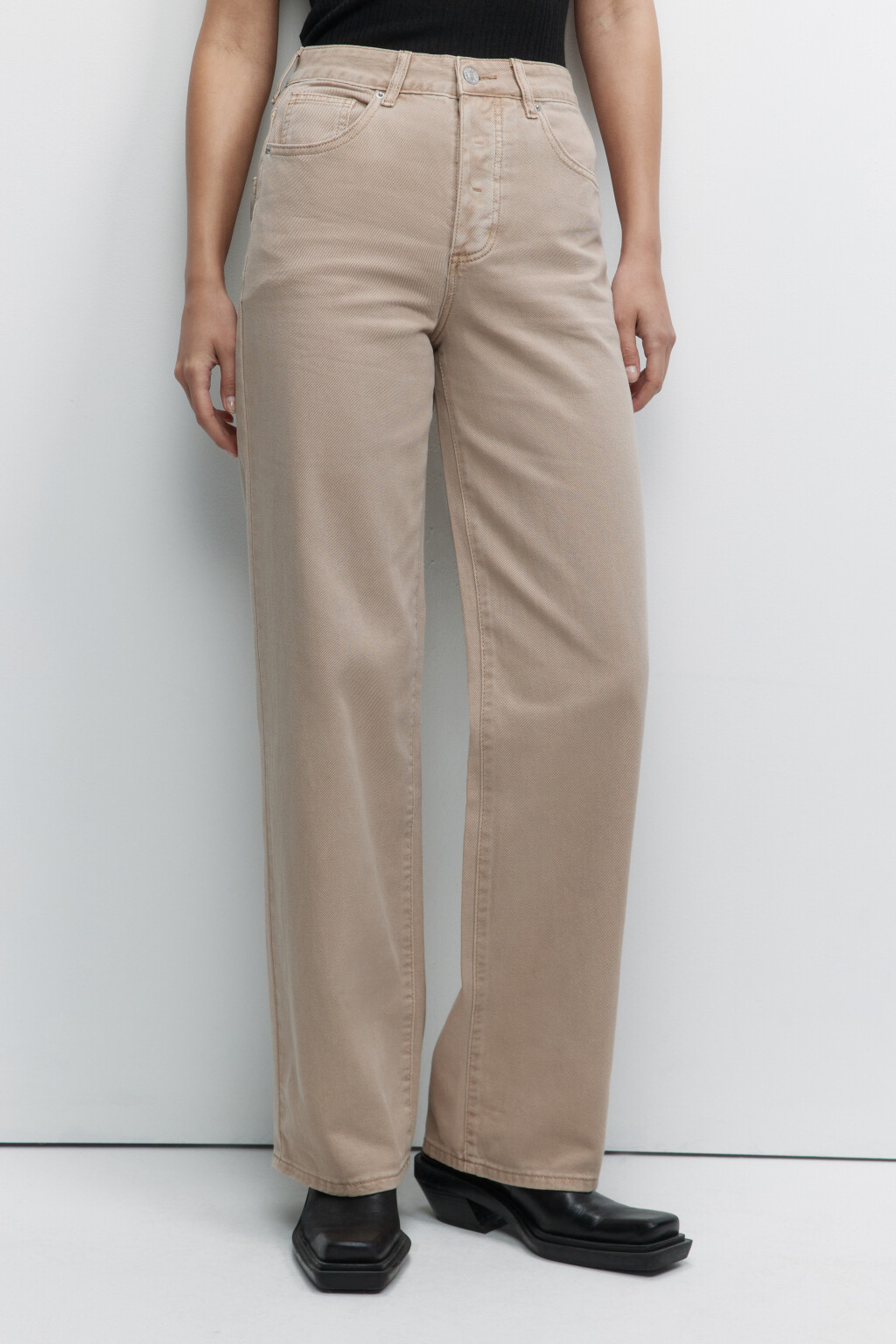 Джинсы широкие бежевые с высокой посадкой - цвет бежевый - 1
