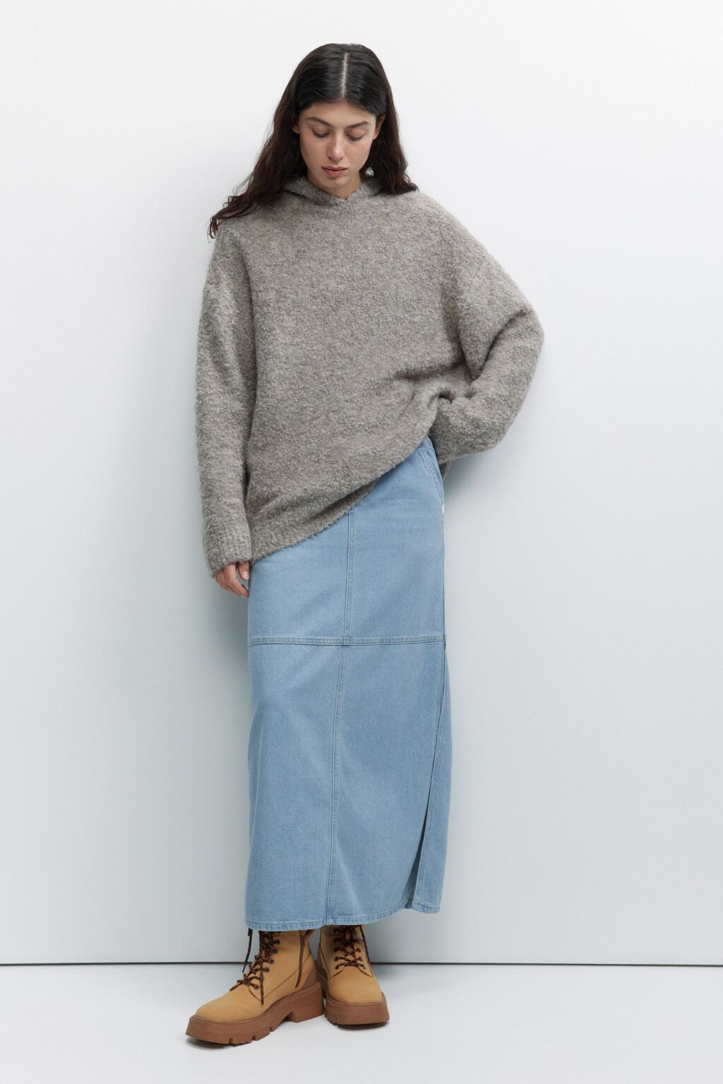 Юбка-парашют джинсовая с утяжками на поясе и разрезом - цвет голубой - 1