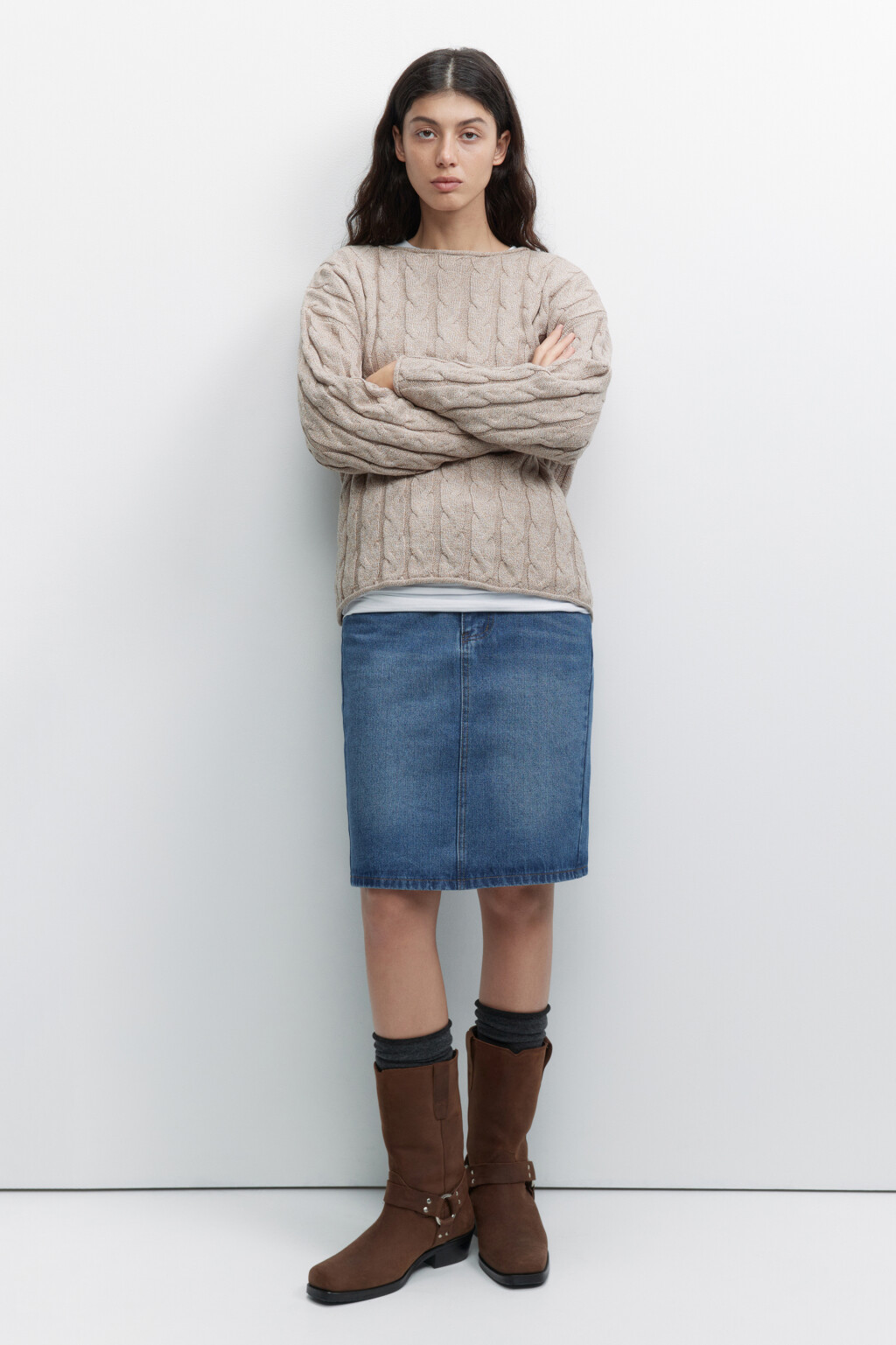 Юбка-карандаш до колена джинсовая с высокой посадкой - цвет голубой - 1