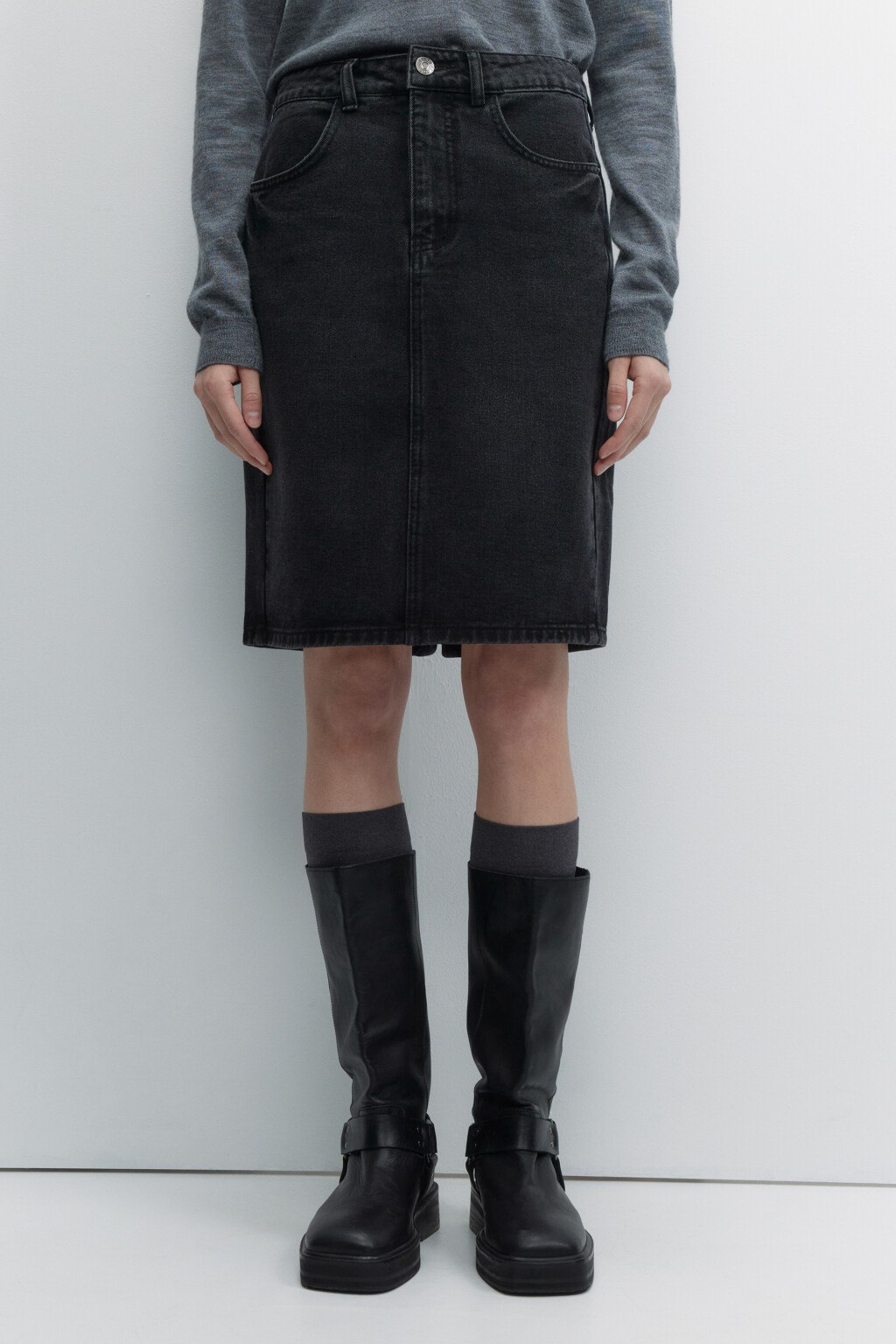 Юбка-карандаш до колена джинсовая с высокой посадкой - цвет серый - 1