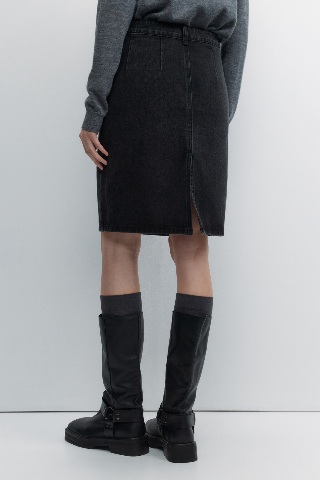 Юбка-карандаш до колена джинсовая с высокой посадкой - цвет серый - 3
