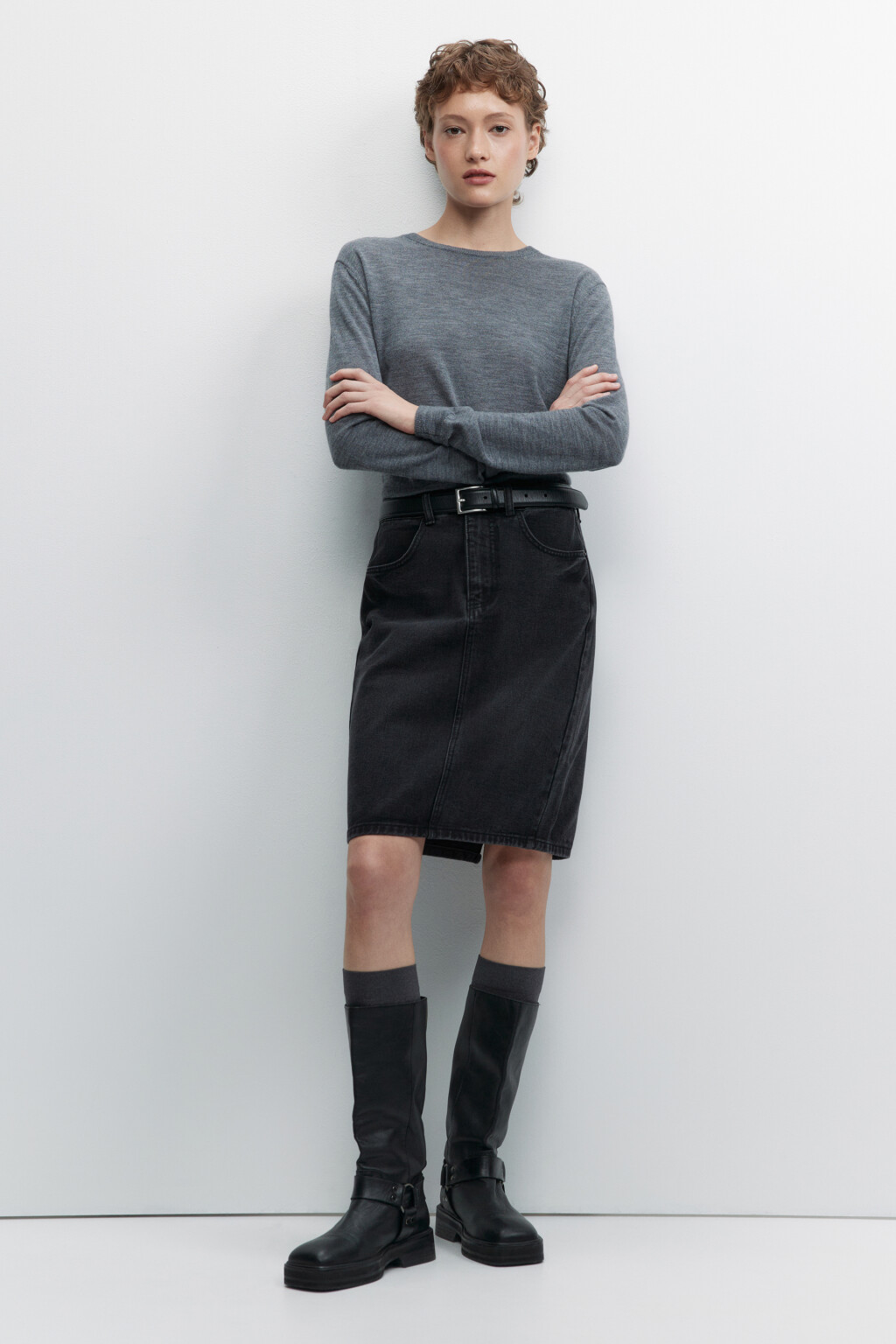 Юбка-карандаш до колена джинсовая с высокой посадкой - цвет серый - 4