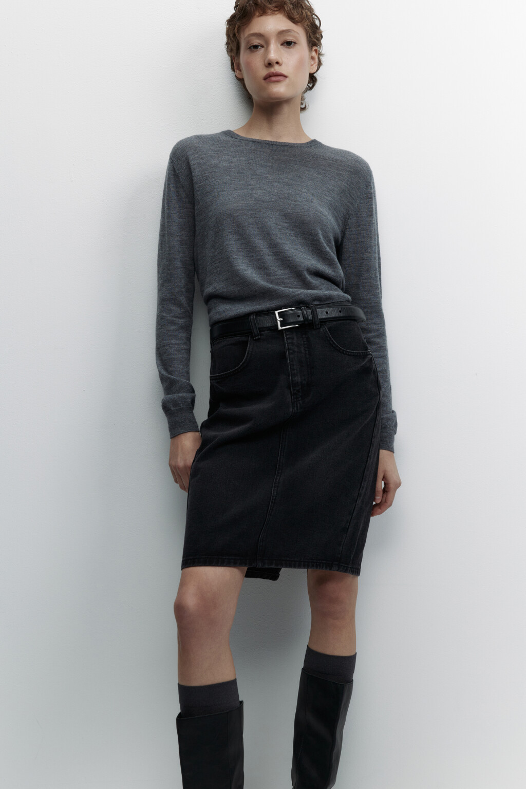 Юбка-карандаш до колена джинсовая с высокой посадкой - цвет серый - 5