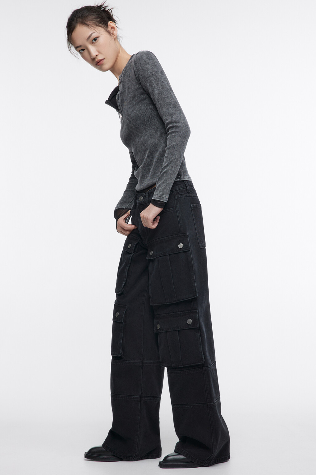 Джинсы карго широкие с большими карманами - цвет черный - 1