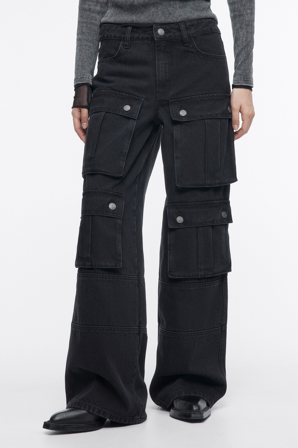 Джинсы карго широкие с большими карманами - цвет черный - 3